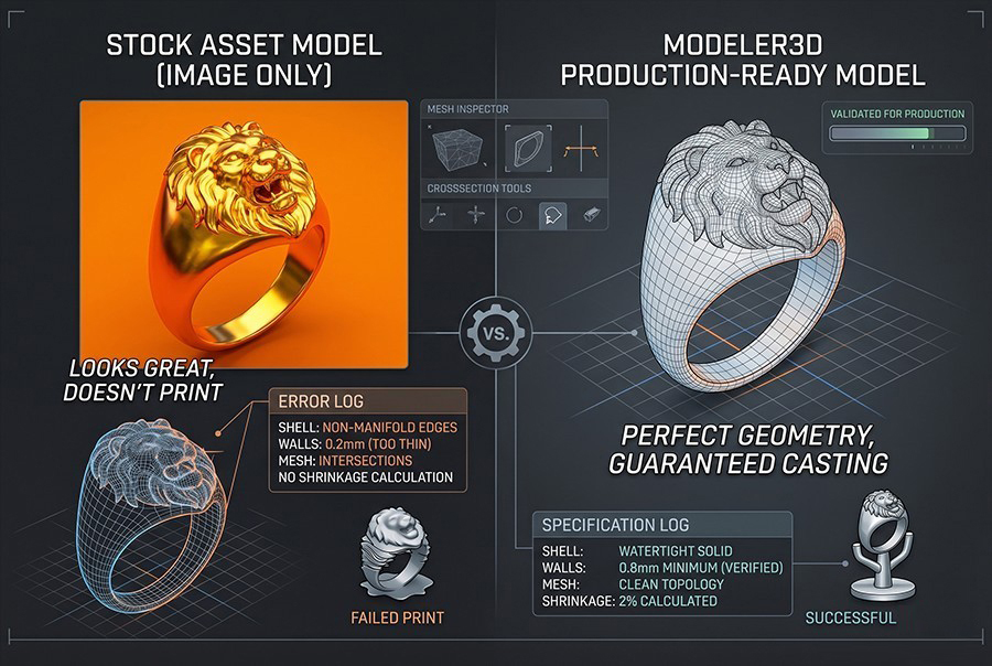 3D jewelry model rendering vs production ready mesh comparison